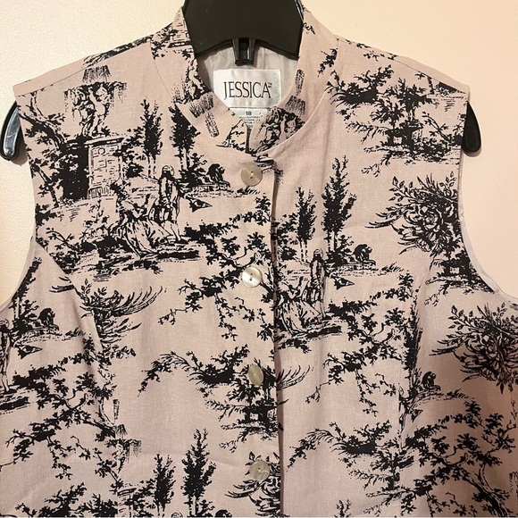 Linen Blend Sleeveless Toile Print Button Up Top - Picture 2 of 6